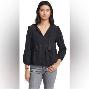 AYR The Dolly Top Double Gauze 100% Cotton Embroidered Tassels Sz S Black